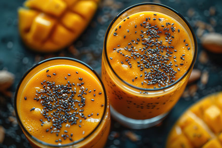 Refreshing and healthy mango smoothie in tall glasses.の素材