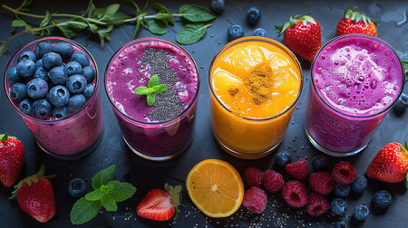 Colorful smoothie, healthy detox vitamin diet or vegan food concept, fresh vitamins, breakfast drink with spinach, pomegranate, figs and blueberriesの素材