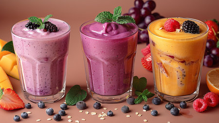 Colorful smoothie, healthy detox vitamin diet or vegan food concept, fresh vitamins, breakfast drink with spinach, pomegranate, figs and blueberriesの素材