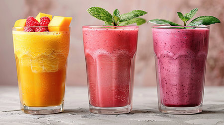 Colorful smoothie, healthy detox vitamin diet or vegan food concept, fresh vitamins, breakfast drink with spinach, pomegranate, figs and blueberriesの素材