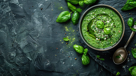 Broccoli, spinach and green peas cream soup on a dark concrete background. Top view with copy space.の素材
