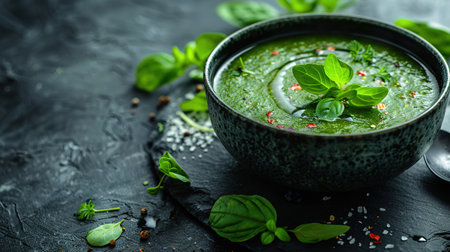 Broccoli, spinach and green peas cream soup on a dark concrete background. Top view with copy space.の素材