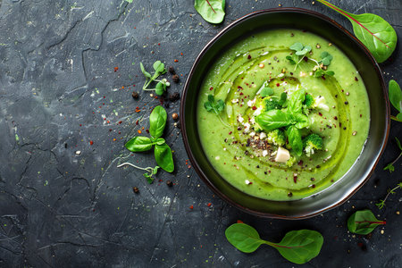 Broccoli, spinach and green peas cream soup on a dark concrete background. Top view with copy space.の素材