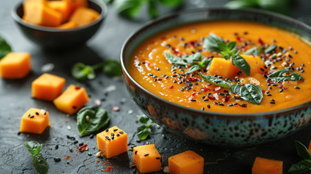Pumpkin soup with thyme herb, cream and pumpkin seeds served in black bowl, top view.の素材