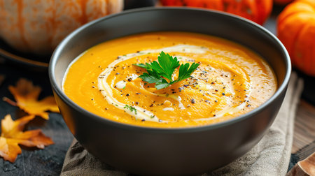 Pumpkin soup with thyme herb, cream and pumpkin seeds served in black bowl, top view.の素材