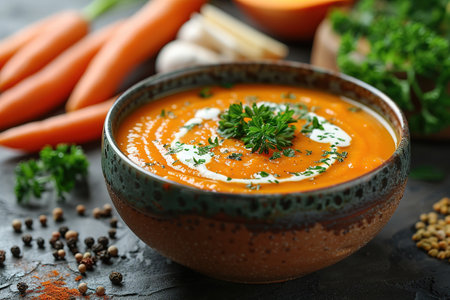Pumpkin soup with thyme herb, cream and pumpkin seeds served in black bowl, top view.の素材