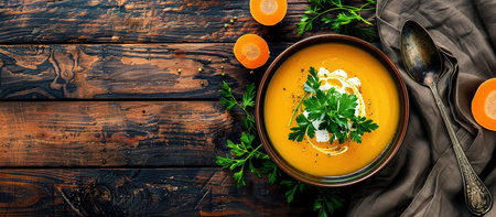 Pumpkin soup with thyme herb, cream and pumpkin seeds served in black bowl, top view.の素材