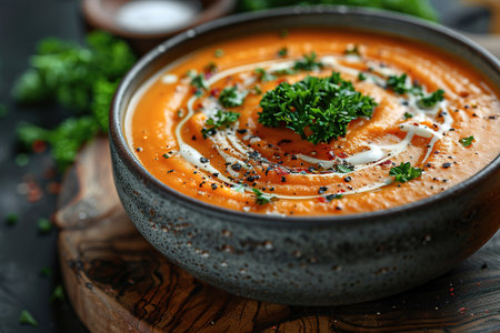 Pumpkin soup with thyme herb, cream and pumpkin seeds served in black bowl, top view.の素材