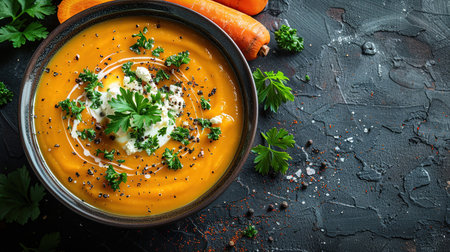 Pumpkin soup with thyme herb, cream and pumpkin seeds served in black bowl, top view.の素材