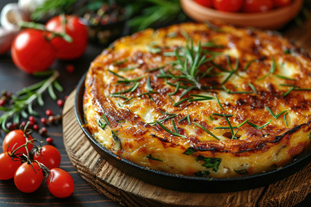 Spanish omelette with potatoes and onion, typical Spanish cuisine. Tortilla espanola. Rustic dark backgroundの素材