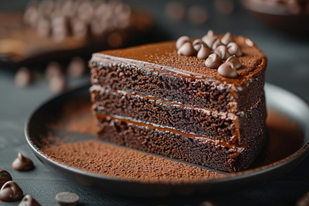 Plate with slice of tasty homemade chocolate cake on table.の写真素材