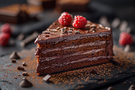 Plate with slice of tasty homemade chocolate cake on table.の写真素材