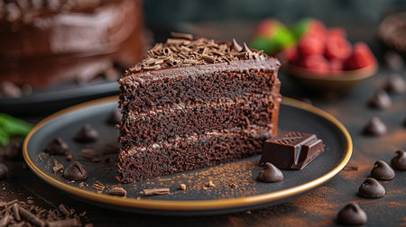 Plate with slice of tasty homemade chocolate cake on table.の写真素材