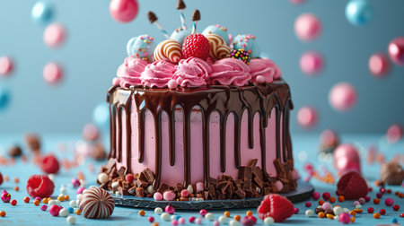 Birthday cake with colorful Sprinkles over a blue background.の写真素材