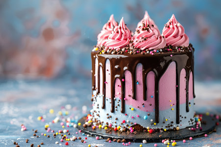 Birthday cake with colorful Sprinkles over a blue background.