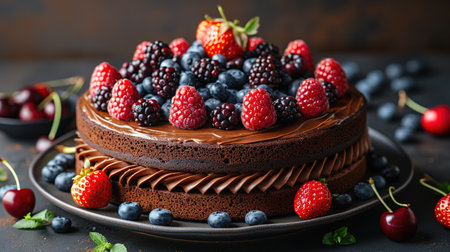Traditional homemade chocolate cake sweet pastry dessert with brown icing, cherries, raspberry,...