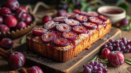 Rustic plum cake on wooden background with plums around. Plum pie concept.の写真素材