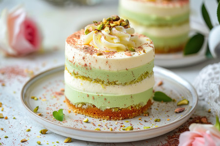 Raw vegan pistachio carrot cake with cashew cream layers from above on concrete table.の写真素材