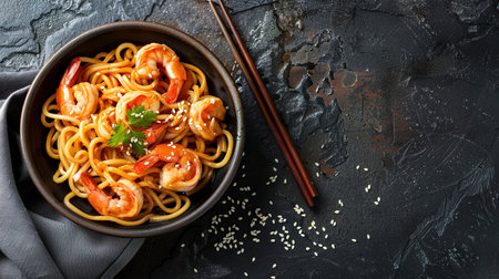 Stir fry noodles with vegetables and shrimps in black bowl. Slate background. Top view. Copy space.の素材