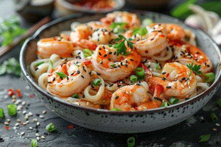 Stir fry noodles with vegetables and shrimps in black bowl. Slate background. Top view. Copy space.の素材