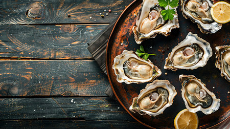 Opened Oysters on metal copper plate on dark wooden background.の素材