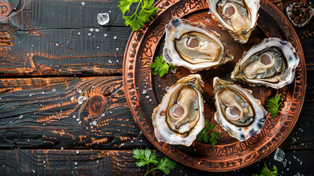 Opened Oysters on metal copper plate on dark wooden background.の素材
