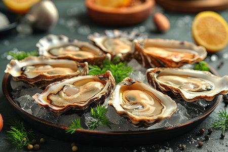 Opened Oysters on metal copper plate on dark wooden background.の素材