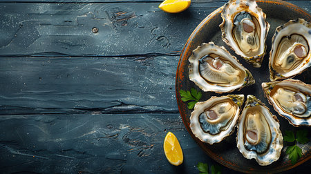 Opened Oysters on metal copper plate on dark wooden background.の素材