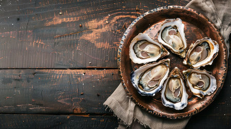 Opened Oysters on metal copper plate on dark wooden background.の素材