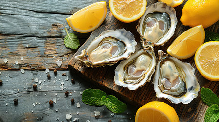 Opened oysters, ice and lemon on stone table. Half a dozen. Top view with copy space.の素材