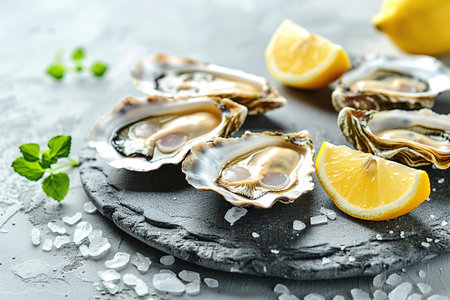 Opened oysters, ice and lemon on stone table. Half a dozen. Top view with copy space.の素材