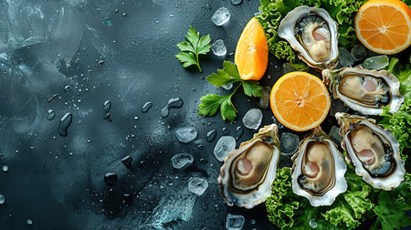Opened oysters, ice and lemon on stone table. Half a dozen. Top view with copy space.の素材