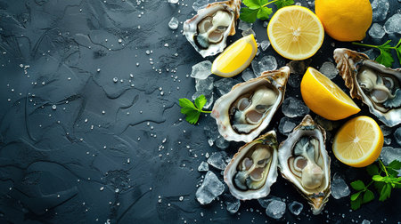 Opened oysters, ice and lemon on stone table. Half a dozen. Top view with copy space.の素材