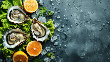 Opened oysters, ice and lemon on stone table. Half a dozen. Top view with copy space.の素材