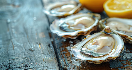 Opened oysters, ice and lemon on stone table. Half a dozen. Top view with copy space.の素材