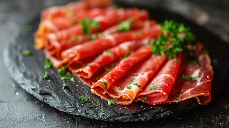 Slices of prosciutto di parma or jamon serrano (iberico) on a black plate on a dark slate, stone or concrete background. Top view with copy space.の素材