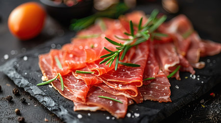 Slices of prosciutto di parma or jamon serrano (iberico) on a black plate on a dark slate, stone or concrete background. Top view with copy space.の素材