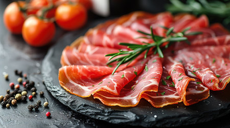 Slices of prosciutto di parma or jamon serrano (iberico) on a black plate on a dark slate, stone or concrete background. Top view with copy space.の素材
