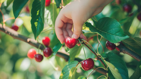 Picking ripe, sweet cherries from a cherry tree by hand close-up. A hand plucking delicious cherry berries from a tree. The concept of healthy eating. The concept of a healthy lifestyle.の素材
