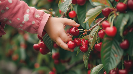 Picking ripe, sweet cherries from a cherry tree by hand close-up. A hand plucking delicious cherry berries from a tree. The concept of healthy eating. The concept of a healthy lifestyle.の素材