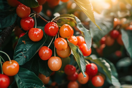 Red and sweet cherries on a branch just before harvest in early summer.の素材