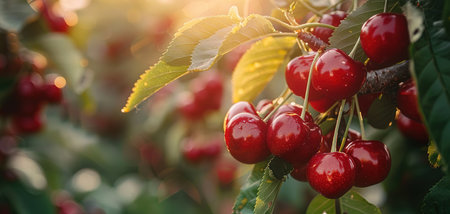 Red and sweet cherries on a branch just before harvest in early summer.の素材