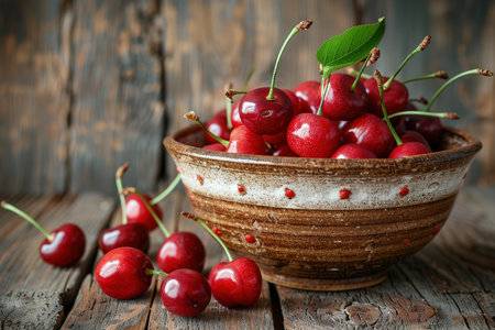 Fresh cherry on plate on wooden dark background. fresh ripe cherries. sweet cherries.の素材