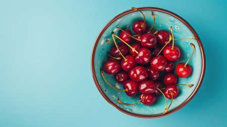 Fresh sweet cherries bowl with leaves in water drops on blue stone background, top view, copy space.の素材