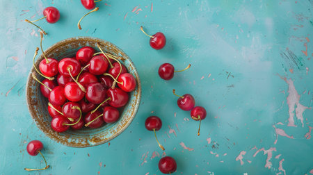Fresh sweet cherries bowl with leaves in water drops on blue stone background, top view, copy space.の素材