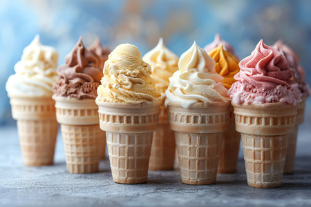Variety of ice cream scoops in cones with chocolate, vanilla and strawberry.の素材