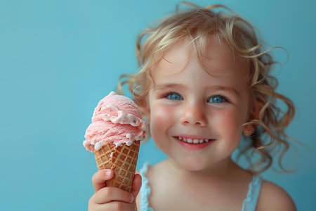 happy little girl eating ice cream in a waffle cone on blue background.の素材