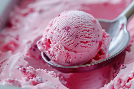 spoon taking out a scoop of strawberry ice cream making motion and black background.の素材