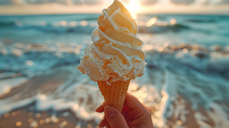 Ice creams on beach and shells with ocean landscape.の素材