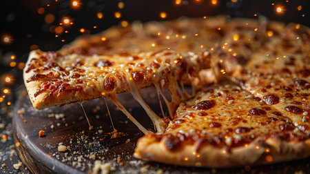 A flying slice of four cheeses pizza with stretching cheese on a black background. The concept of fast food and junk food.の素材